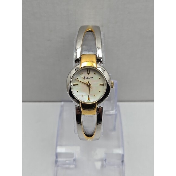 Bulova Ladies Two Tone Bangle Watch MOP Dial Quartz New Battery 22mm Dress Style - Picture 1 of 10